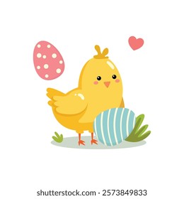 Baby chick with easter eggs. Happy Easter concept. Cute cartoon vector illustration