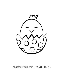 baby chick peeking out from the egg, easter coloring sheet for kids, black line vector illustration