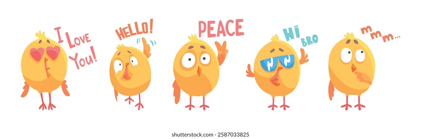 Baby Chick Say Word with Emotion and Inscription Vector Set