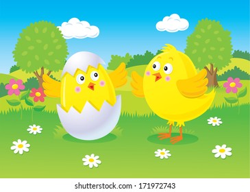 Baby Chick Watching Another Baby Chick Stock Vector (Royalty Free ...