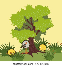 Baby Chicken And Baby Bird Illustration. Cute Chicks And Bird Illustration.