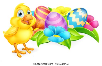 A baby chicken chick, Easter eggs and flowers cartoon