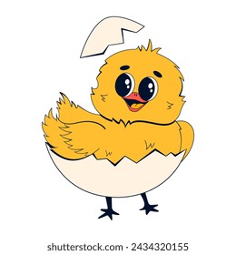 Baby chicken in eggshell. Vector illustration of a chicken character in retro cartoon style.