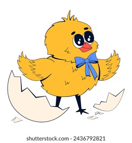 Baby chicken in eggshell. Vector illustration of a chicken character in retro cartoon style.