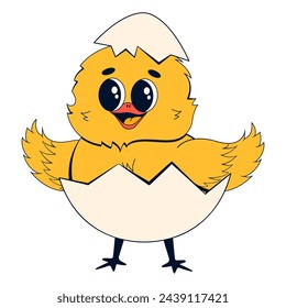 Baby chicken in eggshell. Vector illustration of a chicken character in retro cartoon style.