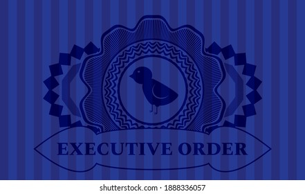 Baby Chicken Icon And Executive Order Text Blue Color Emblem. Bars Handsome Background. Vector Illustration. 