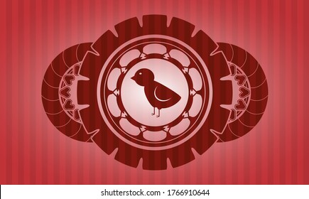 baby chicken icon inside red color realistic badge. Bars handsome background. Intense illustration. 
