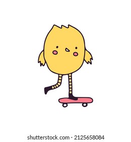 Baby chicken riding skateboard, illustration for t-shirt, sticker, or apparel merchandise. With doodle, retro, and cartoon style.