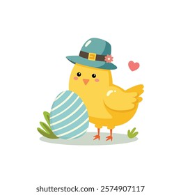 baby chicken wearing blue hat with easter eggs. Happy Easter concept. Cute cartoon vector illustration