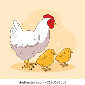 Baby chickens concept. Mother and kids, cute animals. Poster or banner for website. Farming and agriculture. Care for nature. Graphic element for printing on clothes. Cartoon flat vector illustration