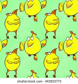 Baby chickens doodle characters seamless pattern