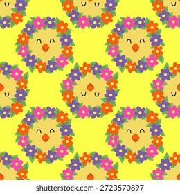 Pollos de bebé sin patrón patrón amarillo lindo pollitos que llevan coloridas coronas de flores de fondo amarillo brillante para el diseño de primavera 