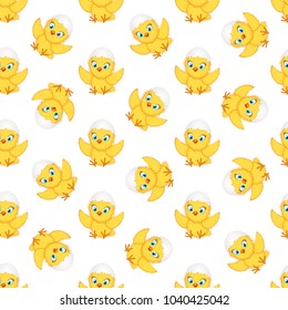 Baby chickens seamless pattern on white. Cute cartoon chicken pattern. Funny yellow chickens in different poses, vector illustration.