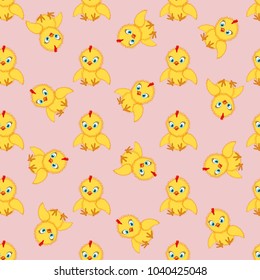 Baby chickens seamless pattern on pink. Cute cartoon chicken pattern. Funny yellow chickens in different poses, vector illustration.