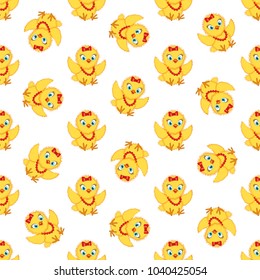 Baby chickens seamless pattern on white. Cute cartoon chicken pattern. Funny yellow chickens in different poses, vector illustration.