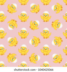 Baby chickens seamless pattern on pink. Cute cartoon chicken pattern. Funny yellow chickens in different poses, vector illustration.