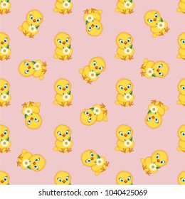 Baby chickens seamless pattern on pink. Cute cartoon chicken pattern. Funny yellow chickens in different poses, vector illustration.