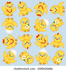 Baby chickens seamless pattern on blue. Cute cartoon chicken pattern. Funny yellow chickens in different poses, vector illustration.