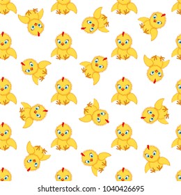 Baby chickens seamless pattern on white. Cute cartoon chicken pattern. Funny yellow chickens in different poses, vector illustration.