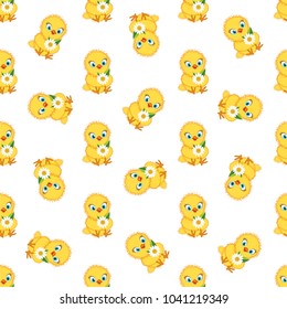 Baby chickens seamless pattern on white. Cute cartoon chicken pattern. Funny yellow chickens in different poses, vector illustration.