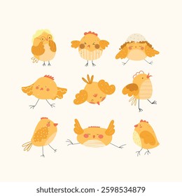 Baby chickens set in different poses for easter design. Little yellow cartoon chicks. 
