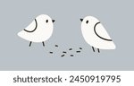 Baby chicks eating seeds. Cute chicken pecking grains, cereals. Funny adorable birds and kernel food, corns feed. Black and white Scandinavian-style flat vector illustration