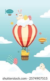 Baby chicks and The Hot Air Balloon For Easter day. Festive poster for Easter design. Vector illustration.