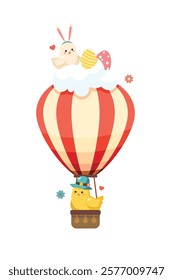 Baby chicks in The Hot Air Balloon with easter eggs. Festive poster for Easter design. Vector illustration.