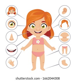 Baby Or Child Body Parts School Educational Banner Or Poster Template With Cute Smiling Young Redhead Girl For Human Anatomy Lesson. Cartoon Colorful Vector Illustration For Preschool Education.