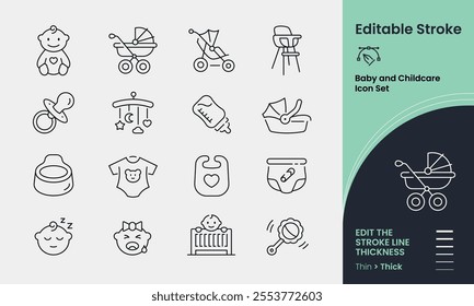 Baby and Child Care Icon collection containing 16 editable stroke icons. Perfect for logos, stats and infographics. Edit the thickness of the line in any vector capable app.