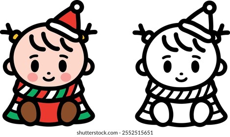 Bebê, criança em roupas de inverno de Natal. Ícones simples, caracteres, clipart com linhas negras em negrito. Vetor.