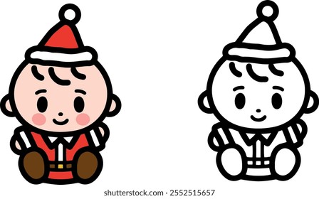 Bebê, criança em roupas de inverno de Natal. Ícones simples, caracteres, clipart com linhas negras em negrito. Vetor.