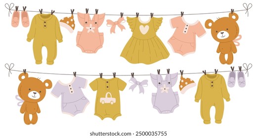 Baby child clothes drying hanging with clothespin on rope vector illustration. Clean infant garment and accessories after laundry. Toddler boy girl fashion trendy fashion clothing, socks and footwear