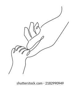 Baby child holding adult hands continuous line drawing. Vector illustration on white background