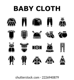 baby child infant fashion cloth icons set vector. newborn wear, girl cute, kid boy, cotton apparel, children toy, toddle, little baby child infant fashion cloth glyph pictogram Illustrations