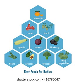 Baby child infographic presentation best foods for babies. Infographic with simple data and ration. 