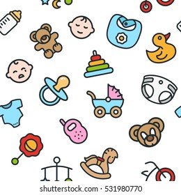 Baby Child Kid Seamless Vector Pattern Minimal Colorful Flat Line Stroke Icon Pictogram Illustration