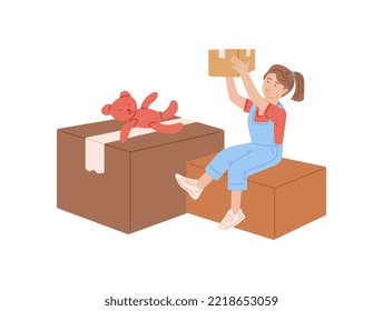 Baby child playing with boxes packed for home moving and moving. Family home and house relocation concept, flat vector illustration isolated on white background.