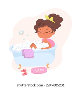 Baby child sitting in bathtub with hot water and soap foam vector illustration. Cartoon cute little girl taking bath with funny shampoo bubbles to clean and care skin, wash hair in healthy bathtime