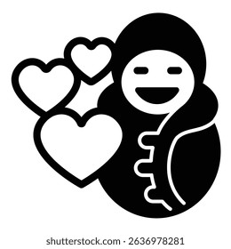 Baby child in swaddling clothes and hearts solid icon, charity concept. Vector graphics. Children clothes donations sign on white background, style mobile or design