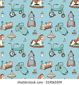 Baby, child toys hand drawn elements seamless pattern. Sketched doodle elements train, bicycle, horse, rocket and toy ship.