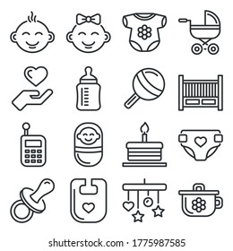 Baby and Childhood Icons Set on White Background. Line Style Vector