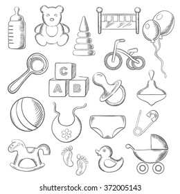 Baby, childish and childhood sketched icons with toys and diaper, bottle and pacifier, rattle and stroller, cubes and ball, bed and bib, bicycle and rocking horse. Vector sketch illustration