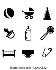 Baby and childish icons with a pram, ball, bottle, dummy or pacifier, crib, nappy, safety pin and toys in a black and white