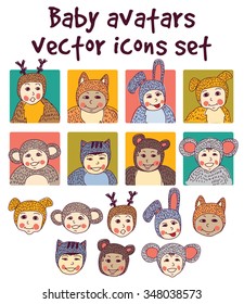 Baby children faces avatars icons set. Isolated on white background. Color vector illustration. EPS8