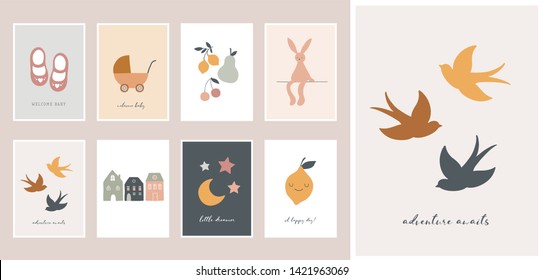 Baby, children, little kids cards, posters in simple, clean modern style. Perfect for nursery decor, fashion design