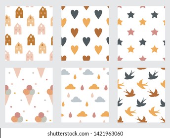 Baby and children seamless patterns with rainbow, lemons, ice creams, stars and hearts. Vector design