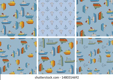 Baby children seamless patterns set with boats and ships.