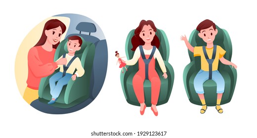 Baby children sit on car vehicle seat vector illustration. Cartoon happy boy and girl characters sitting in chair to road travel with family, mother putting on child safe seat belt isolated on white