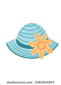 Baby children straw hat with blue strip and bow, yellow flower attached to it vector illustration isolated on white background